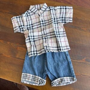 Baby kid set shirt linen button down + pants shorts jean 3/6 months Burberry blu